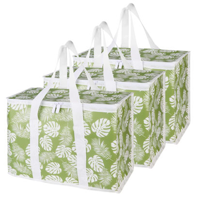 Picture of Bodaon 3-Pack Insulated Reusable Grocery Shopping Bags, X-Large Picnic Cooler Bag with Zipper Zippered Top Cold, Green-Leaf