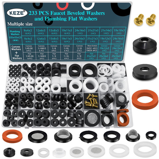 Picture of KEZE 233 Pcs Plumbing and Faucet Washers Assortment Kit for Assorted Spigot Water Hose Bib Outside Garden Faucet Splitter Gasket Leak Plumbes Valve Stem Worn Out Repair