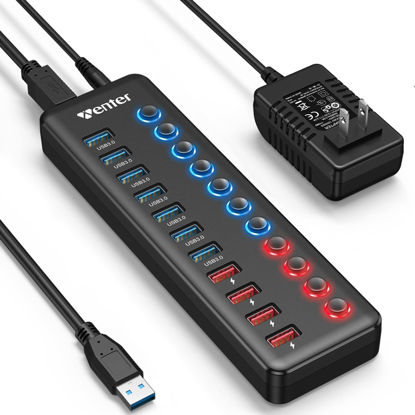 Picture of Powered USB 3.0 Hub, Wenter 11-Port Hub Splitter (7 Faster Data Transfer Ports+ 4 Smart Charging Ports) with Individual LED On/Off Switches, Power Adapter for Mac, PC