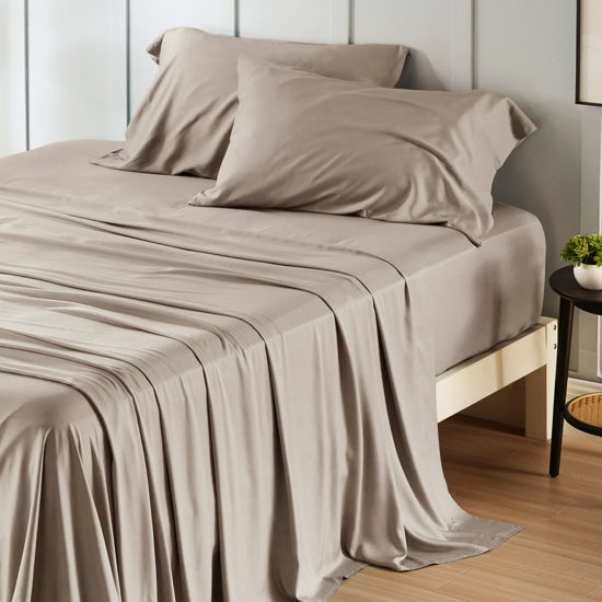 Picture of Bedsure Cooling Sheets Set, Rayon Made from Bamboo, Full Size Sheet Sets, Deep Pocket Up to 16", Hotel Luxury Silky Soft Breathable Bedding Sheets & Pillowcases, Simply Taupe