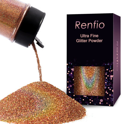 Picture of Renfio Holographic Ultra Fine Glitter Powder Metallic Resin Glitter 1.75 Oz (50g) PET Flakes Crafts Sequins 1/128" 0.008" 0.2mm Epoxy Chips Flakes for Tumblers Slime - Laser Rose Gold