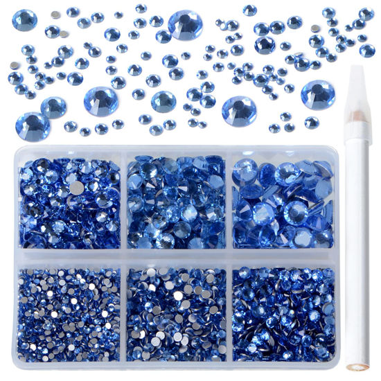 Picture of Bymitel 5000 Pieces 6 Mixed Sizes Glue Fix on Glass Rhinestones Round Crystal Gems Flatback for DIY Jewelry Making with one Picking Pen(6-Sizes 5000PCS, Lt. Sapphire)