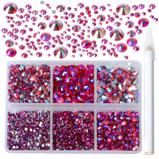 Picture of Bymitel 5000 Pieces 6 Mixed Sizes Glue Fix on Glass Rhinestones Round Crystal Gems Flatback for DIY Jewelry Making with one Picking Pen(6-Sizes 5000PCS, Siam AB)