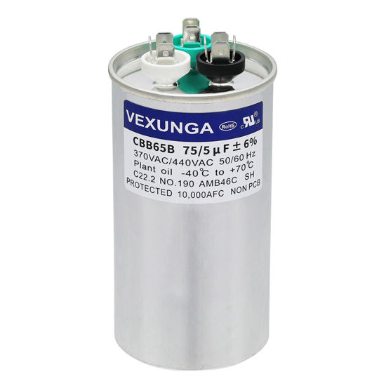 Picture of VEXUNGA 75/5 uF 75+5 MFD 370VAC or 440VAC Dual Run Start Round A/C Capacitor CBB65 CBB65B Air Conditioner Capacitors for AC Unit Fan Motor Start or Heat Pump or Condenser Straight Cool