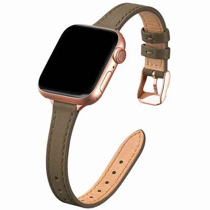 Picture of STIROLL Slim Leather Bands Compatible with Apple Watch Band 38mm 40mm 41mm 42mm 44mm 45mm 49mm,Top Grain Leather Watch Thin Wristband for iWatch Ultra SE Series 8/7/6/5/4/3/2/1(Taupe with Rose Gold)