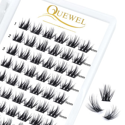 Picture of QUEWEL Cluster Lashes 72 Pcs Wide Stem Individual Lashes C/D Curl 8-16mm Length DIY Eyelash Extension False Eyelashes Soft for Personal Makeup Use at Home (Fluffy02-D-14)