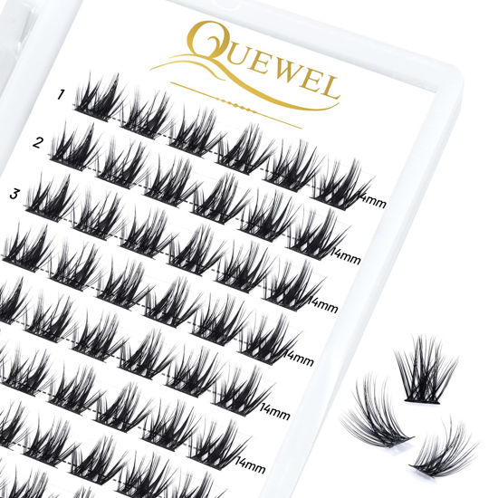 Picture of QUEWEL Cluster Lashes 72 Pcs Wide Stem Individual Lashes C/D Curl 8-16mm Length DIY Eyelash Extension False Eyelashes Soft for Personal Makeup Use at Home (Fluffy02-D-14)