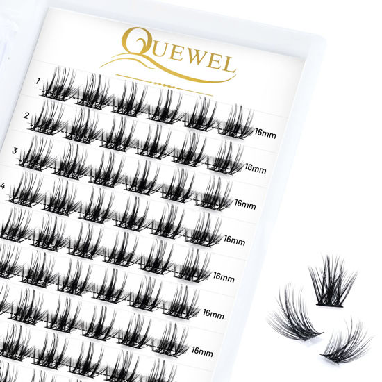 Picture of QUEWEL Cluster Lashes 72 Pcs Wide Stem Individual Lashes C/D Curl 8-16mm Length DIY Eyelash Extension False Eyelashes Soft for Personal Makeup Use at Home (Fluffy02-C-16)