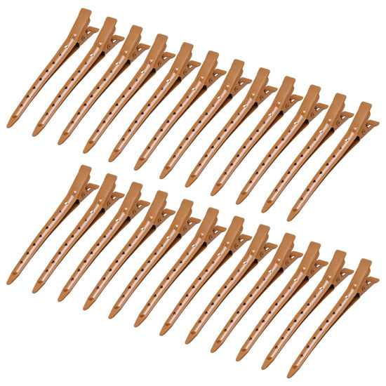 Picture of 24 Packs Duck Bill Clips, Bantoye 3.35 Inches Rustproof Metal Alligator Curl Clips with Holes for Hair Styling, Hair Coloring, Brown