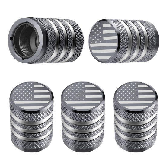 Picture of Tire Valve Stem Cap Cover - (5 Pack) Tire Air Cap Metal with Plastic Liner Corrosion Resistant Leak-Proof American Flag for Car Truck Motorcycle Bike Grey