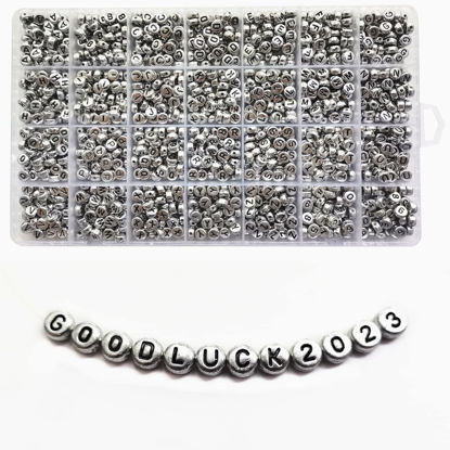 Picture of Looconi 1400pcs Letter Beads Silver 7x4mm Black on Silver for Jewelry Making Bracelet Hair Braids Crafts