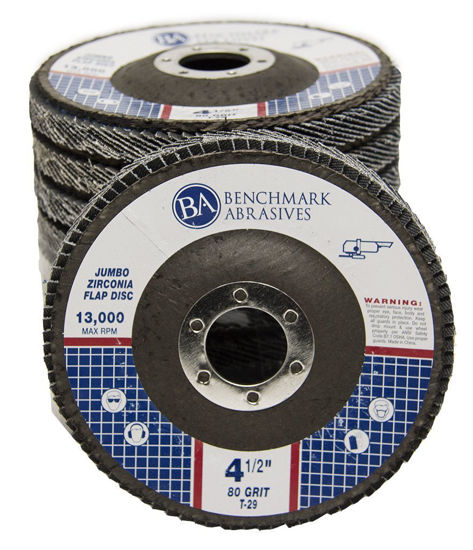 Picture of Benchmark Abrasives 4.5" x 7/8" Premium High-Density Jumbo Zirconia Type 29 Flap Discs for Sanding, Stock and Rust Removal, Finishing, Grinding, Deburring (10 Pack) - 80 Grit