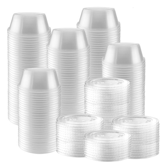 Picture of NYHI 100-Pack Jello Shot Cups with Lids - 2 Ounce Clear Plastic Containers with Leak-Proof Lids -Jello Shooter Shot Cups -Compact Food Storage for Portion Control, 2 oz,Sauces, Liquid, Dips