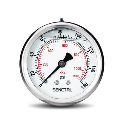 Picture of SENCTRL 0-160 Psi Glycerin Liquid Filled Air Pressure Gauge, 2.5" Dial Size, 1/4" NPT Back Mount, Stainless Steel Case, for Water Pump, Tire, Large Air Compressor, Well, RV Regulator Pressure Test