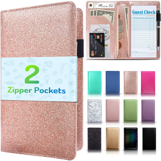 Picture of Server Book with 2 Zipper Pockets, Leather Server Books for Waitress, Waiter Book, Durable Waitress Book with Money Pocket and Zipper, Waiter Wallet Checkbook Fit Server Apron, Glitter Rose Gold