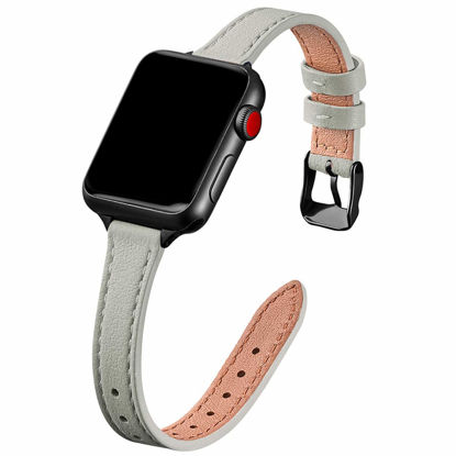 Picture of STIROLL Slim Leather Bands Compatible with Apple Watch Band 38mm 40mm 41mm 42mm 44mm 45mm 49mm,Top Grain Leather Watch Thin Wristband for iWatch Ultra SE Series 8/7/6/5/4/3/2/1(Gray with Black)