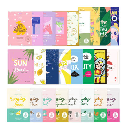 Picture of FaceTory 25 Pack Sheet Mask Collection- Hydrating Essence Facial Mask, for All Skin Types, Nourishing, Illuminating, Soothing, Refreshing, Collection Variety Pack with Collagen, Cica, Oat, Niacinamide, and More