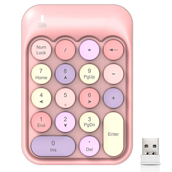 Picture of FELICON Wireless Numeric Keypad 18 Keys with 2.4G Mini Portable Silent Number Pad USB Receiver Financial Accounting Keyboard Extensions for Laptop Desktop PC Pro（Pink Mix）