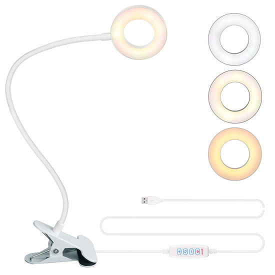 Picture of Bekada LED Desk Light with Clamp for Video Conference Lighting, Clip on LED Ring Light for Computer Webcam, USB Laptop Light for Zoom Meetings, Reading Light with 3 Color 10 Dimming Level (White)