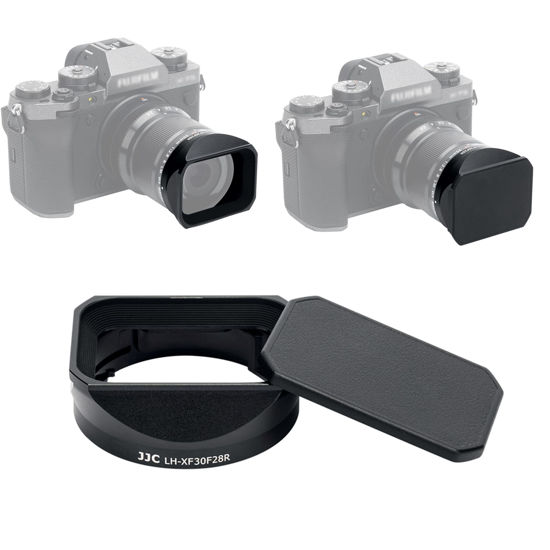 Picture of JJC Square Metal Bayonet Lens Hood Shade for Fuji Fujifilm XF 30mm f/2.8 R LM WR Macro Lens, XF30mm F2.8 Lens Hood on X-T5 XT5 X-T4 X-T30 II X-T30II XT30II X-E4 X-S10 X-T200, with Protective Hood Cap