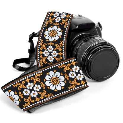 Picture of Art Tribute Brown White Flowers Camera Strap Retro Vinatge Strap, Floral Vegan Leather Camera Strap. Best Gift for Men & Women Photographers