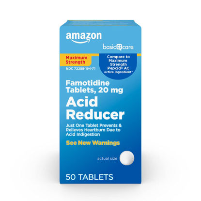 Picture of Amazon Basic Care Maximum Strength Famotidine Tablets 20 mg, Acid Reducer for Heartburn Relief, 50 Count