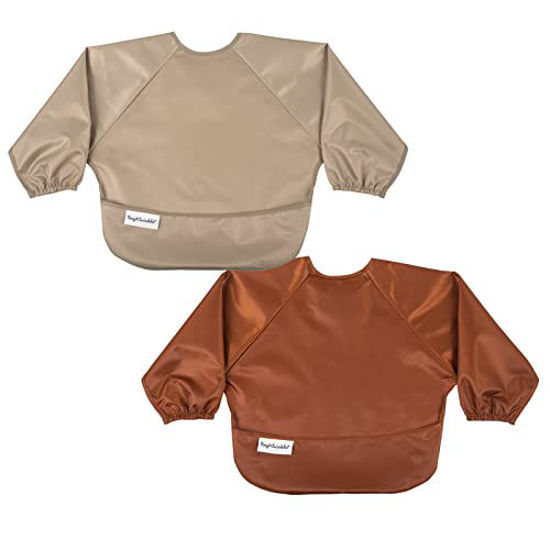 Picture of Tiny Twinkle Mess Proof Baby Bib, 2 Pack Long Sleeve Bib Outfit, Waterproof Bibs for Toddlers, Machine Washable, Tug Proof (Brown Khaki, Small 6-24 Months)