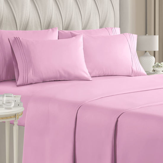 Picture of California King Size Sheet Set - 6 Piece Set - Hotel Luxury Bed Sheets - Extra Soft - Deep Pockets - Easy Fit - Breathable & Cooling - Wrinkle Free - Comfy - Light Pink Bed Sheets - Cali Kings Sheets