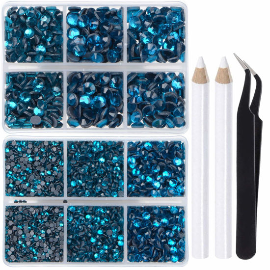 Picture of LPBeads 6400 Pieces Hotfix Rhinestones Blue Zircon Flat Back 5 Mixed Sizes Crystal Round Glass Gems with Tweezers and Picking Rhinestones Pen