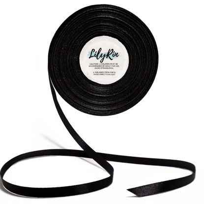 Picture of Black Ribbon 1/4 Inches 36 Yards Satin Roll Perfect for Scrapbooking, Art, Halloween, Wreath, Corset, Floral, Packing Birthday, Wrapping Christmas Projects Dark