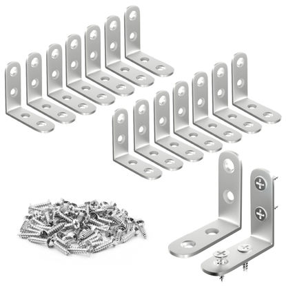 Picture of Blingstar L Bracket Stainless Steel Corner Brace 16Pcs 1.57x1.57 Inch Right Angle Bracket Joint 90 Degree Corner Fastener for Wood Furniture Bedframe Shelves Dresser Table, with 64 Pcs Screws, Silver