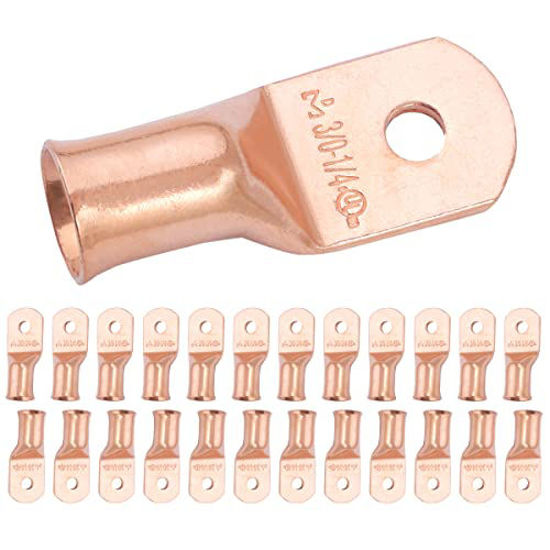 Picture of SELTERM 25pcs 3/0 AWG 1/4" Stud Battery Lugs, Ring Terminals, Heavy Duty Copper Wire Lugs, Battery Cable Ends, 000 Gauge Ring Terminal Connectors, UL Bare Copper Eyelets Electrical Battery Cable Lugs