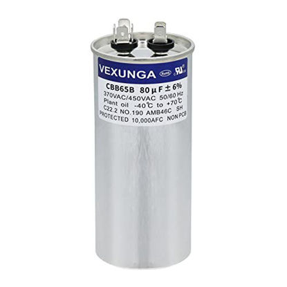 Picture of VEXUNGA 80uF 80 MFD 370VAC 440VAC 450VAC 50/60Hz CBB65 Run Start Capacitor for AC Unit Fan Motor Start or Pool Pump or Air Condenser Straight Cool