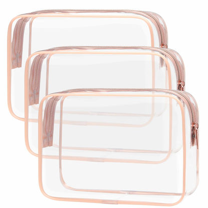 Picture of PACKISM Clear Makeup Bag with Zipper, 3 Pack Beauty Clear Cosmetic Bag TSA Approved Toiletry Bag, Travel Clear Toiletry Bag, Quart Size Bag Carry on Airport Airline Compliant Bag, Rose Pink(for age 12 or above)