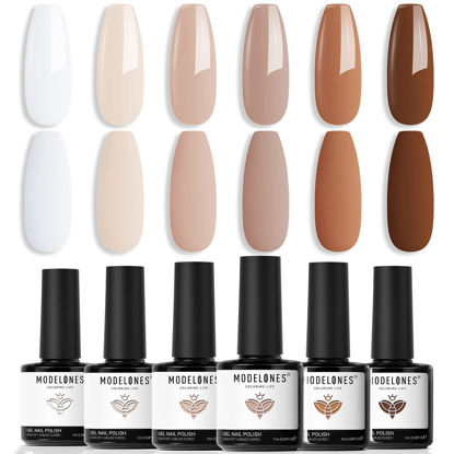 Picture of modelones Gel Nail Polish Set - 6 Colors Nude Brown White Skin Tone Neutral Beige Tan Taupe Gel Nail Polish Kit Popular All Seasons Summer Soak Off Nail Art Manicure DIY Salon at Home Gifts for Women Girls