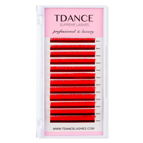 Picture of TDANCE Colorful lashes extension C Curl 0.07mm Thickness Semi Permanent Individual Eyelash Extensions Silk Volume Lashes Professional Salon Use Mixed 8-15mm Length In One Tray (Red,C-0.07,8-15mm)