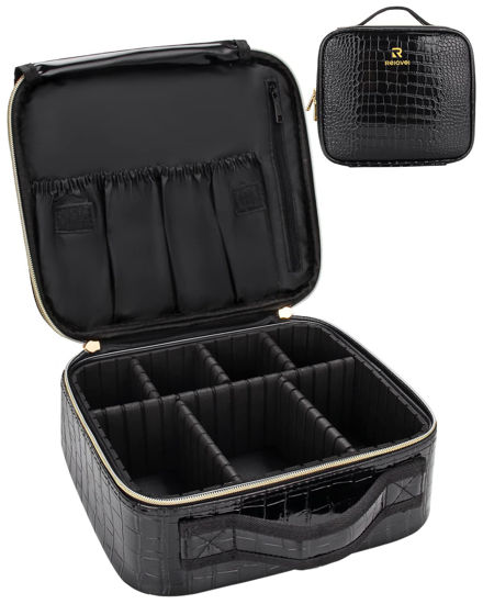 Picture of Travel Makeup Case, Train Case Makeup Brush Organizer, Professional Makeup Artist Makeup Organizer, with Adjustable Partition and Shoulder Straps, Train Case Makeup Bag (Crocodile, Small)