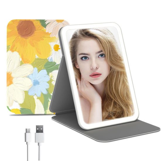 Picture of Rechargeable Travel Lighted Makeup Mirror with PU Leather Cover, Portable Travel Makeup Mirror with lights, 3 Color Lighting,Touch Sensor Dimmable, Light Up Tabletop Cosmetic Mirror Folding Flower