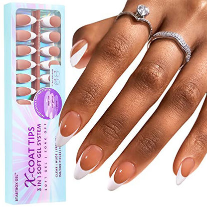 Picture of BTArtboxnails French Tip Gel Nail Tips Almond Medium - 300pcs Brown Soft Gel Nail Tips, Unltra Fit French Tip Press On Nails 15 Sizes, No Need to File 3 in 1 X Coat Tips with Pre-applied Tip Primer & Base Coat Cover, Soak Off French Tip Gel Nails Press On for Nail Extensions