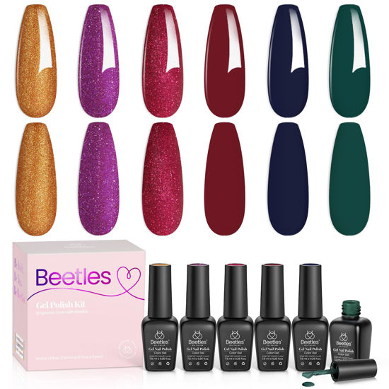 Picture of Beetles Gel Nail Polish Kit, 6 Colors Boujee Gala Collection Glitter Red Purple Golden Gel Polish Blue Green Gel Nail Polish Soak Off Nail Lamp Cured DIY Home Manicure Kit Gifts for Women