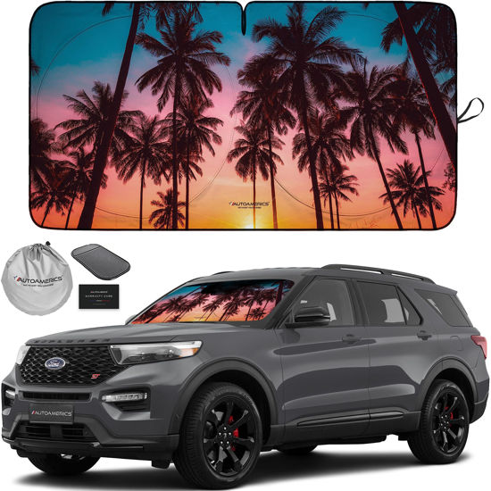 Picture of Autoamerics 1-Piece Windshield Sun Shade - Palm Trees Foldable Car Front Window Sunshade for Most Cars SUV Truck - Heat Blocker Visor Protector Blocks Max UV Rays and Keeps Your Vehicle Cool - Medium