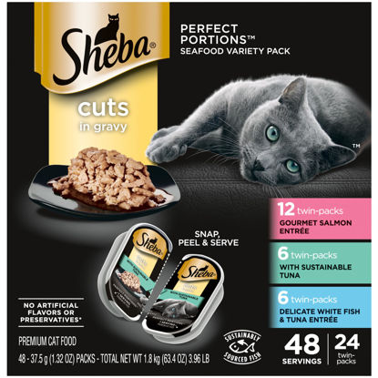 Picture of SHEBA PERFECT PORTIONS Cuts in Gravy Adult Wet Cat Food Trays (24 Count, 48 Servings), Gourmet Salmon, Sustainable Tuna, And Delicate Whitefish & Tuna Entrée, Easy Peel Twin-Pack Trays