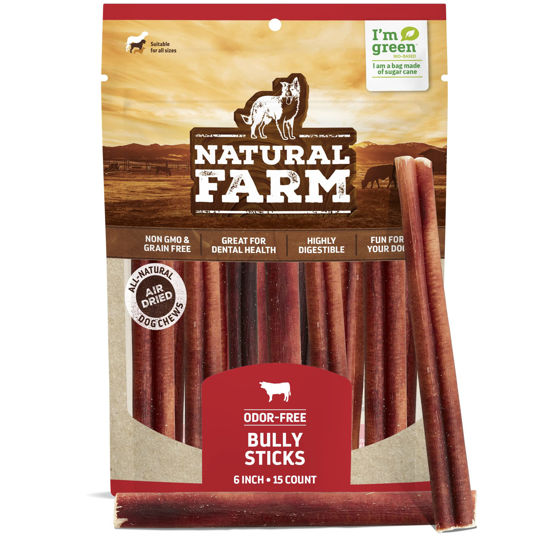 Picture of Natural Farm Odor-Free Bully Sticks (6 Inch, 15 Pack), Single Ingredient: 100% Beef Chews, Grass-Fed, Non-GMO, Grain-Free, Fully Digestible Treats for Puppies, Small or Senior Dog