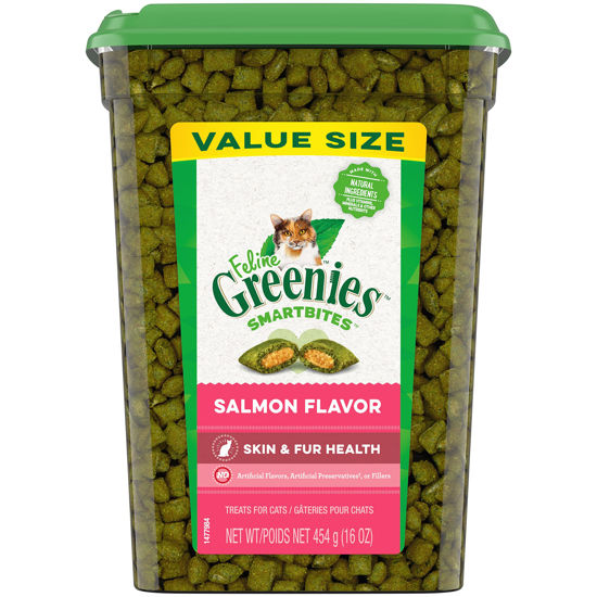 Picture of FELINE GREENIES SMARTBITES Skin & Fur Crunchy and Soft Textured Adult Natural Cat Treats, Salmon Flavor, 16 oz. Tub