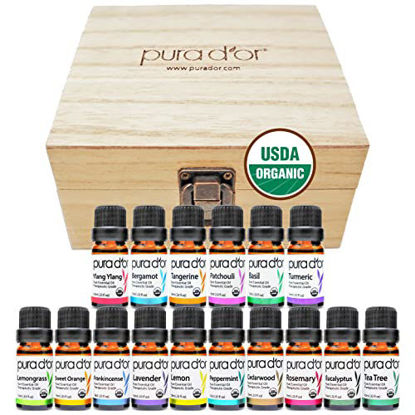 Picture of PURA D'OR Organic Essential Oils Set of 16 10ml Sweet16 Wood Box Gift Set, 100% Pure Therapeutic Grade Aromatherapy for Home Diffusers (Lavender, Tea Tree, Eucalyptus, Lemon, Cedarwood, Ylang Ylang)