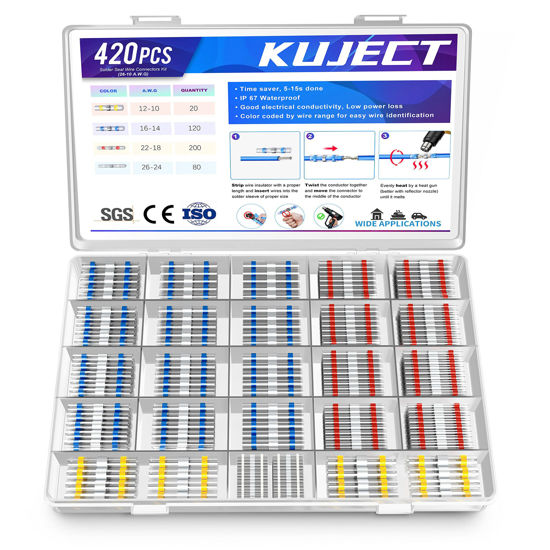 Picture of Kuject 420PCS Solder Seal Wire Connectors, Self-Solder Heat Shrink Butt Connector Solder Sleeve Waterproof Insulated Electrical Butt Splice Wire Terminals for Marine Automotive Boat Truck Wire Joint