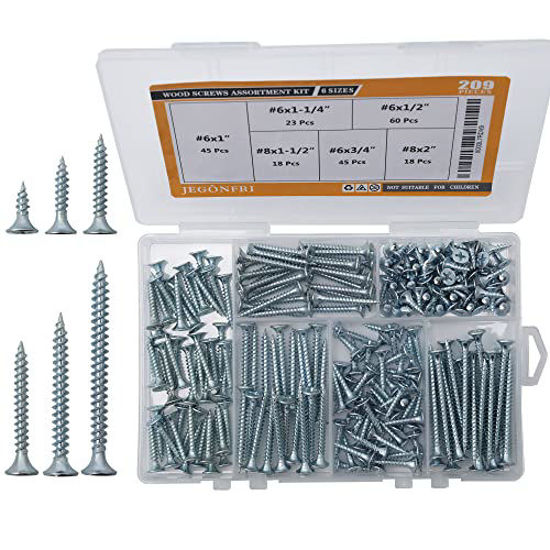 Picture of JEGONFRI High Hardness Wood Screws Assortment Kit, 209 pcs, Philips Drive Flat Head, Wood Screws, Screws, Drywall Screws, Assorted Screws, Screws Set, 6 Sizes (2”,1-1/2”,1-1/4”,1”,3/4”,1/2”)