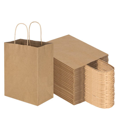 Picture of Toovip 100 Pack 8x4.75x10 Inch Medium Plain Brown Kraft Paper Bags with Handles Bulk, Gift Wrap Bags for Favors Grocery Retail Party Birthday Shopping Business Goody Craft Merchandise Take Out Sacks