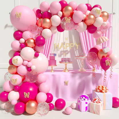 Picture of Henviro Pink Balloon Garland Arch Kit, 154 Pcs Hot Pink Rose Gold Balloons Butterfly Baby Shower Decorations for Girl Women Birthday Party Bridal Shower Bacheloret0te Engagement Party Decorations