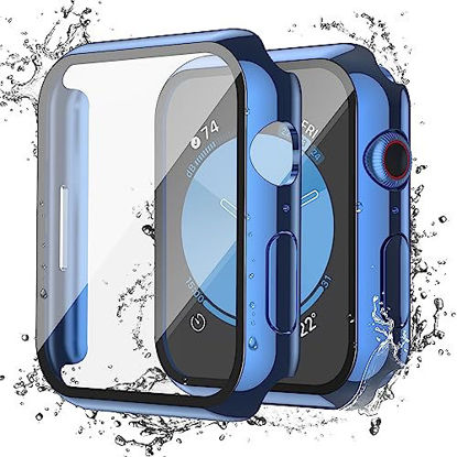 Picture of Misxi [2 Pack] for Apple Watch Series 6 SE Series 5 Series 4 40mm Waterproof Anti-Scratch Case with Button, Hard PC Cover with Tempered Glass Screen Protector for iWatch, 1 Blue + 1 Transparent